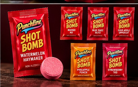 Individually wrapped Punchline Shot Bomb sachets and flavor tablets
