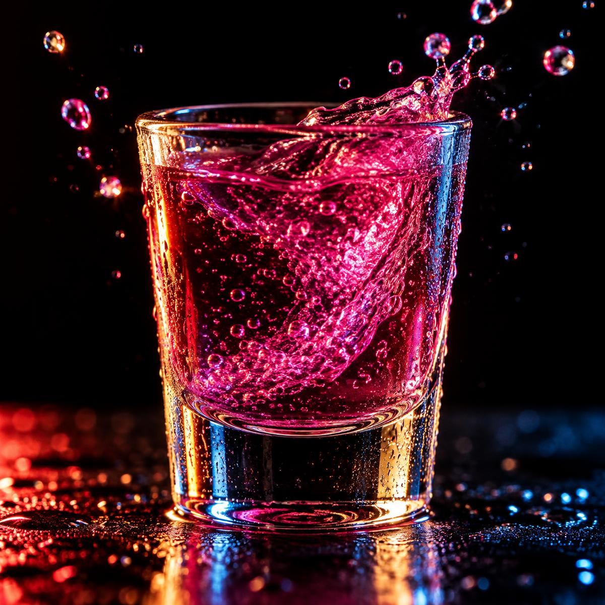 Macro shot of a fizzing magenta shot under neon light