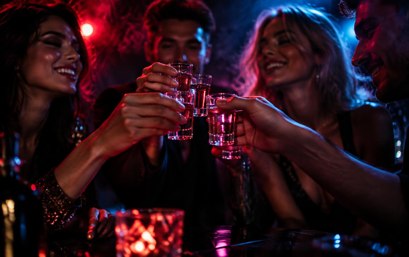 Friends toasting shot glasses in a neon-lit bar